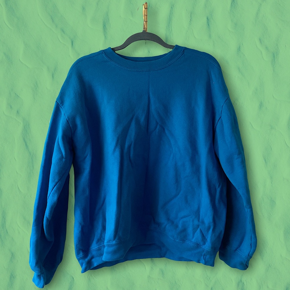 Gildan premium cotton crewneck/Congress Blue Shade - worn, Size L